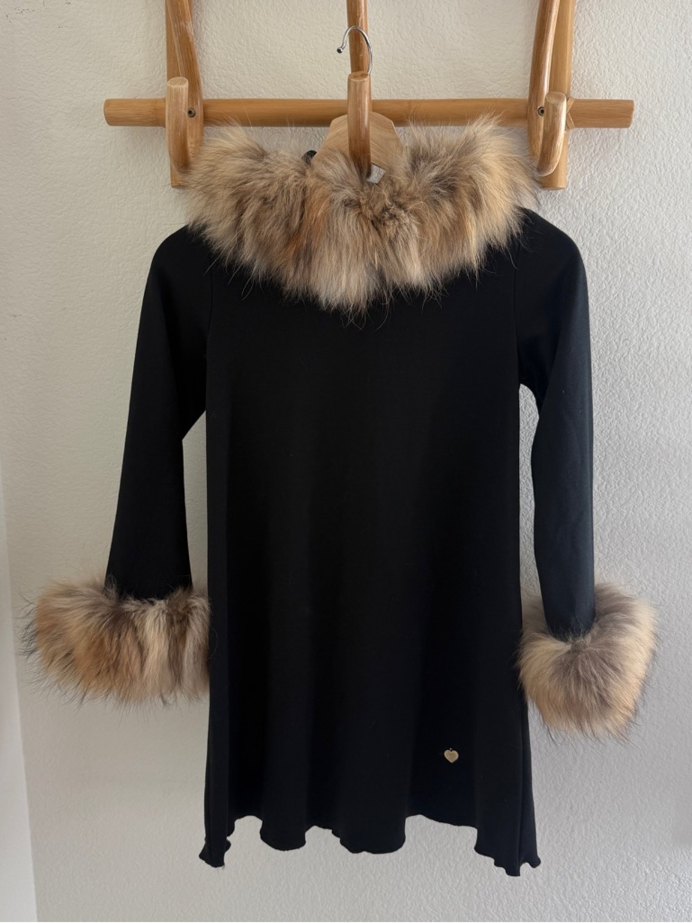 90s Black real fur trim cuffs hooded  tunic mini dress made in Spain size 0